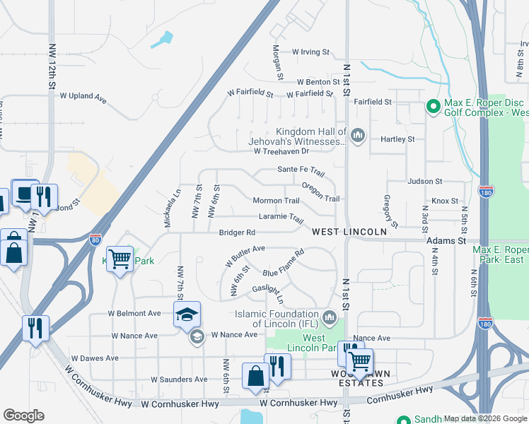 map of restaurants, bars, coffee shops, grocery stores, and more near 428 Mormon Trail in Lincoln