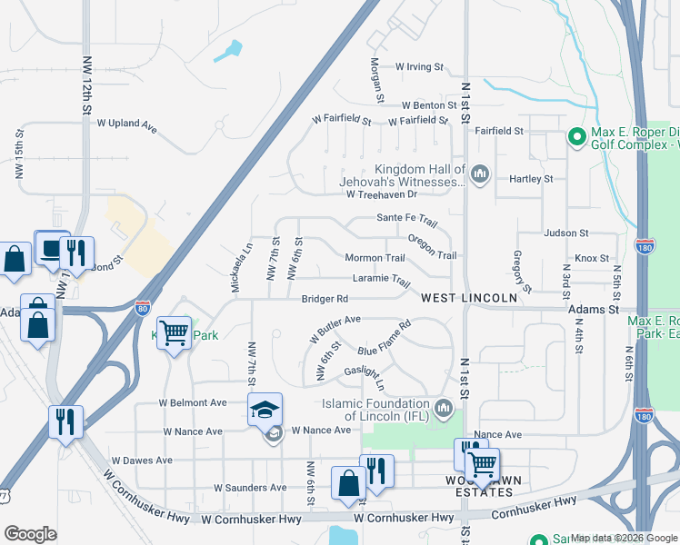 map of restaurants, bars, coffee shops, grocery stores, and more near 428 Mormon Trail in Lincoln