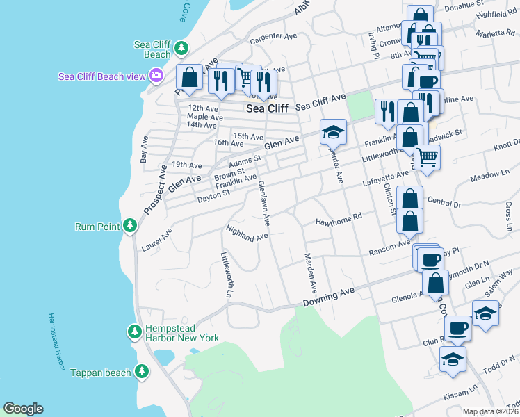 map of restaurants, bars, coffee shops, grocery stores, and more near 199 Littleworth Lane in Sea Cliff