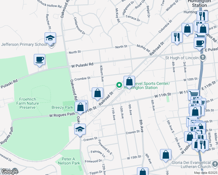 map of restaurants, bars, coffee shops, grocery stores, and more near 13 Manor Place in Huntington Station