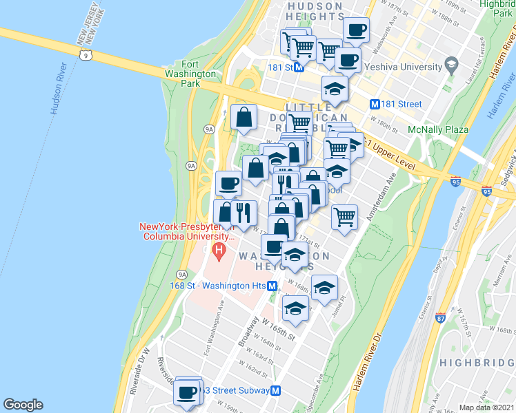 map of restaurants, bars, coffee shops, grocery stores, and more near 274 Fort Washington Ave in New York