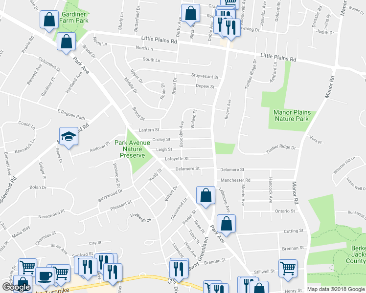 map of restaurants, bars, coffee shops, grocery stores, and more near 25 Leigh Street in Huntington