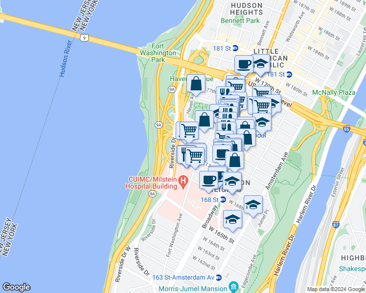 map of restaurants, bars, coffee shops, grocery stores, and more near 88 Haven Avenue in New York