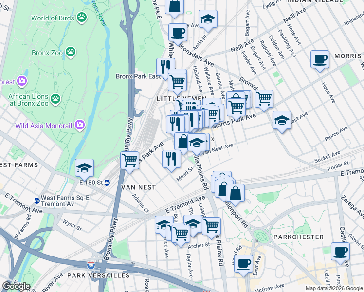 map of restaurants, bars, coffee shops, grocery stores, and more near in The Bronx