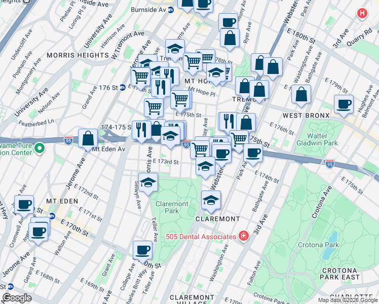 map of restaurants, bars, coffee shops, grocery stores, and more near 1745 Monroe Avenue in Bronx