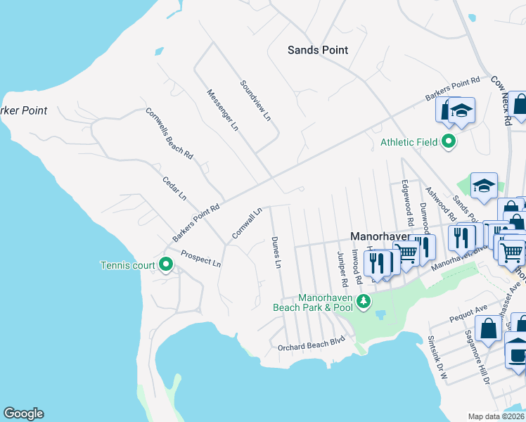 map of restaurants, bars, coffee shops, grocery stores, and more near 27 Cornwall Lane in Port Washington