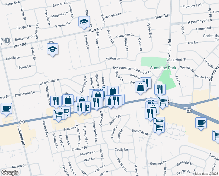 map of restaurants, bars, coffee shops, grocery stores, and more near 11 Kirby Lane in Commack