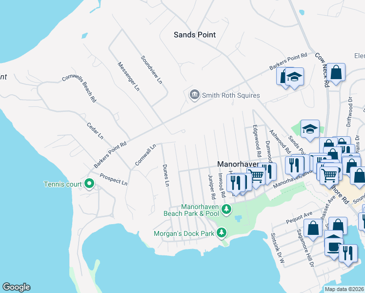 map of restaurants, bars, coffee shops, grocery stores, and more near 49 Marwood Road North in Port Washington