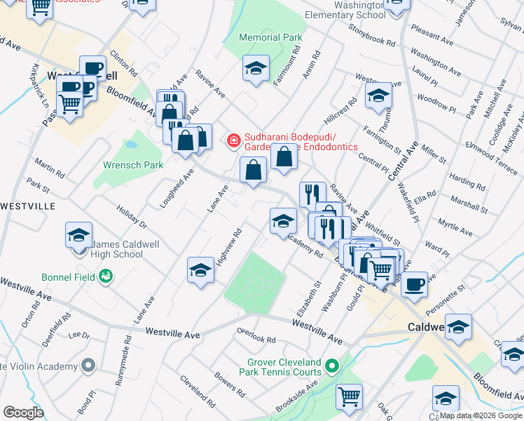 map of restaurants, bars, coffee shops, grocery stores, and more near 7 Prospect Street in Caldwell