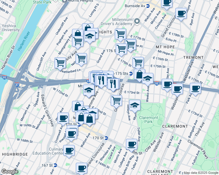 map of restaurants, bars, coffee shops, grocery stores, and more near 1594 Townsend Avenue in Bronx
