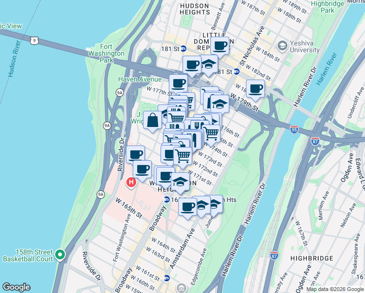 map of restaurants, bars, coffee shops, grocery stores, and more near 4086 Broadway in New York