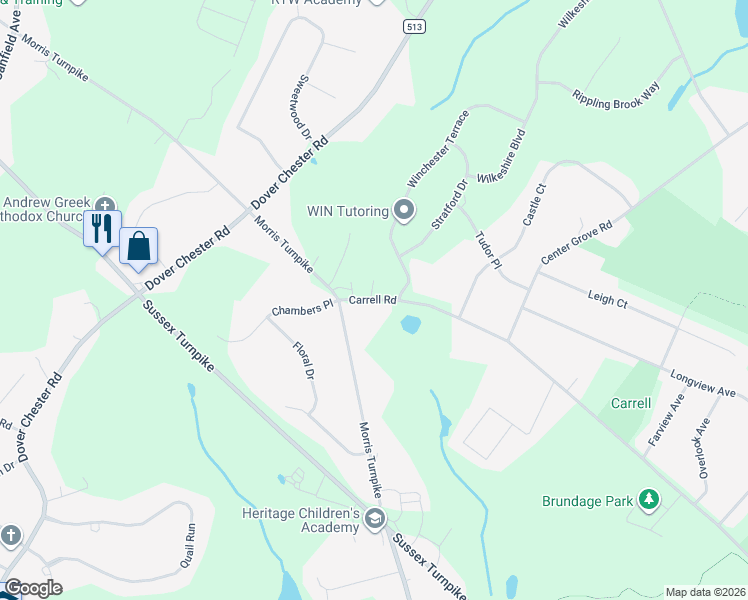 map of restaurants, bars, coffee shops, grocery stores, and more near 1 Carrell Road in Randolph