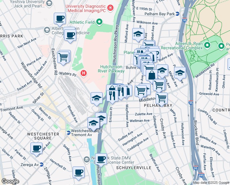 map of restaurants, bars, coffee shops, grocery stores, and more near 1662A Hutchinson River Parkway in The Bronx