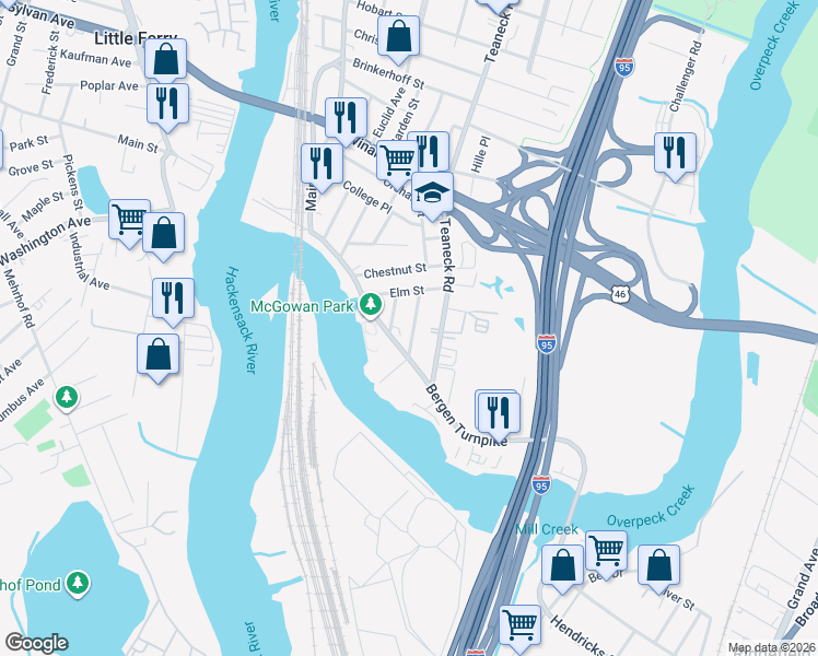 map of restaurants, bars, coffee shops, grocery stores, and more near 15 Oak Street in Ridgefield Park