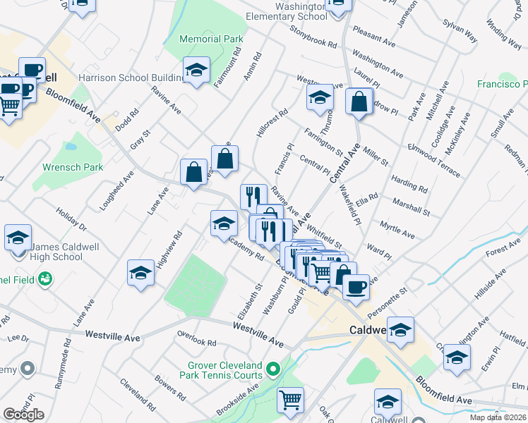 map of restaurants, bars, coffee shops, grocery stores, and more near 27 Espy Road in Caldwell