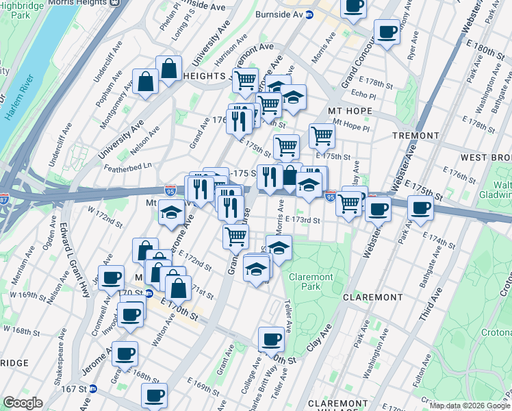 map of restaurants, bars, coffee shops, grocery stores, and more near 110 East 174th Street in The Bronx