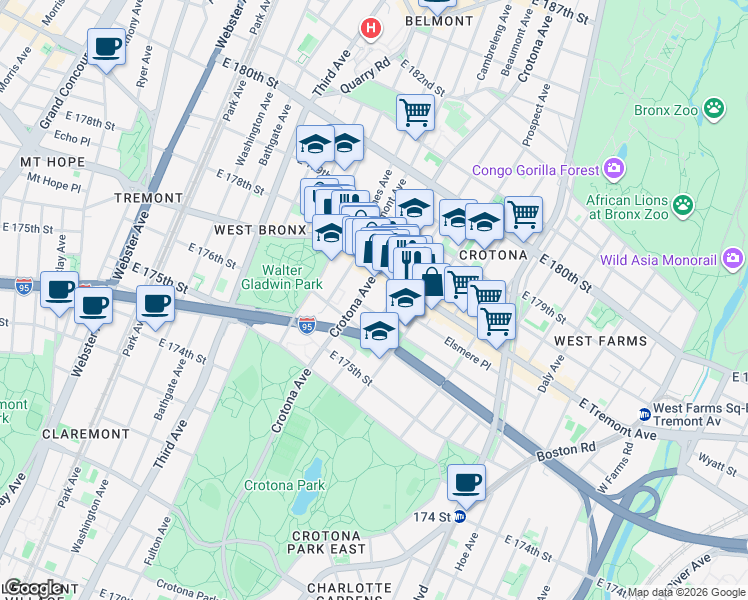 map of restaurants, bars, coffee shops, grocery stores, and more near 709 Fairmount Place in Bronx