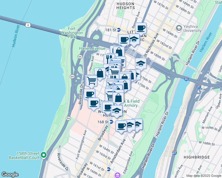 map of restaurants, bars, coffee shops, grocery stores, and more near 631 West 172nd Street in New York