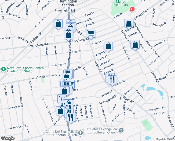 map of restaurants, bars, coffee shops, grocery stores, and more near 160 1st Avenue in Huntington Station
