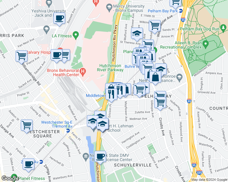 map of restaurants, bars, coffee shops, grocery stores, and more near 1662A Hutchinson River Parkway in The Bronx