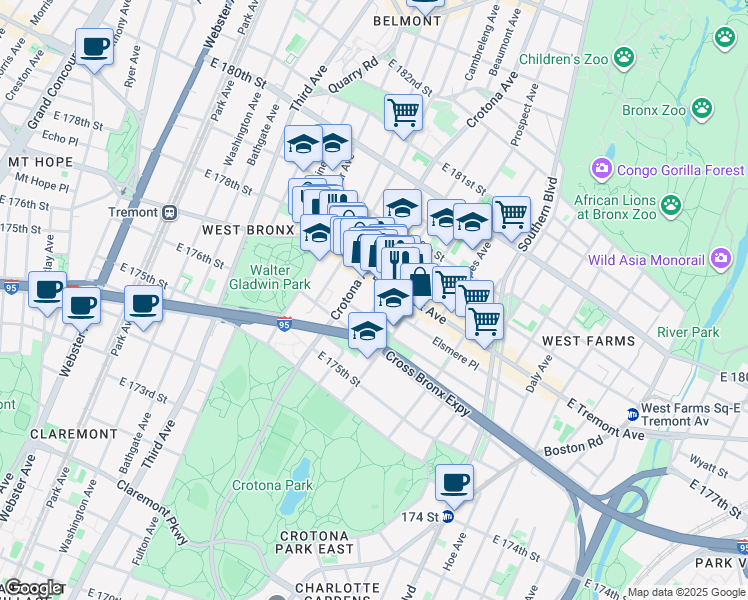 map of restaurants, bars, coffee shops, grocery stores, and more near 706 East Tremont Avenue in The Bronx