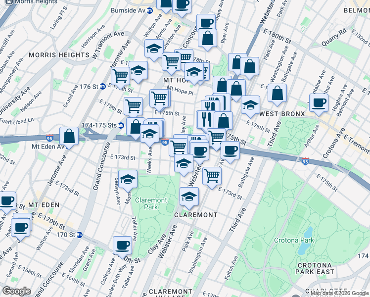 map of restaurants, bars, coffee shops, grocery stores, and more near 1744 Clay Avenue in Bronx