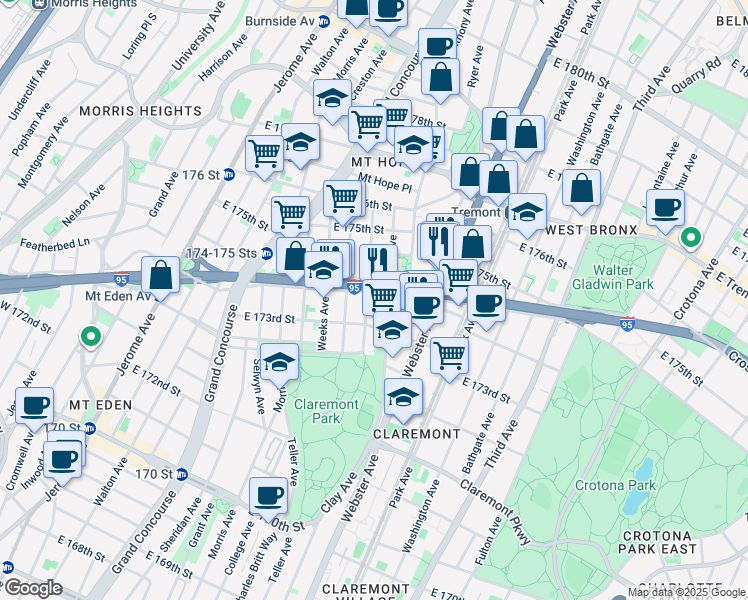 map of restaurants, bars, coffee shops, grocery stores, and more near 1744 Clay Avenue in Bronx