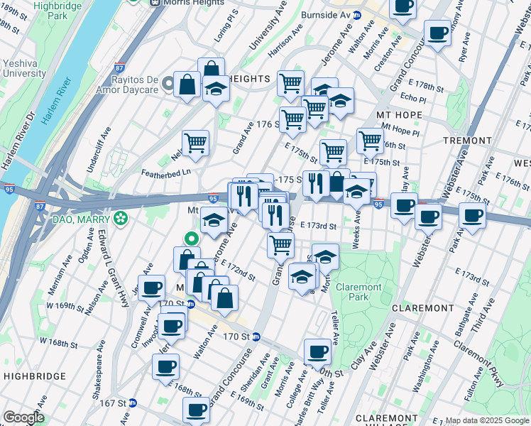 map of restaurants, bars, coffee shops, grocery stores, and more near in The Bronx