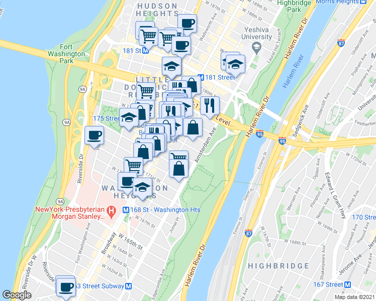 map of restaurants, bars, coffee shops, grocery stores, and more near 201 Audubon Avenue in New York