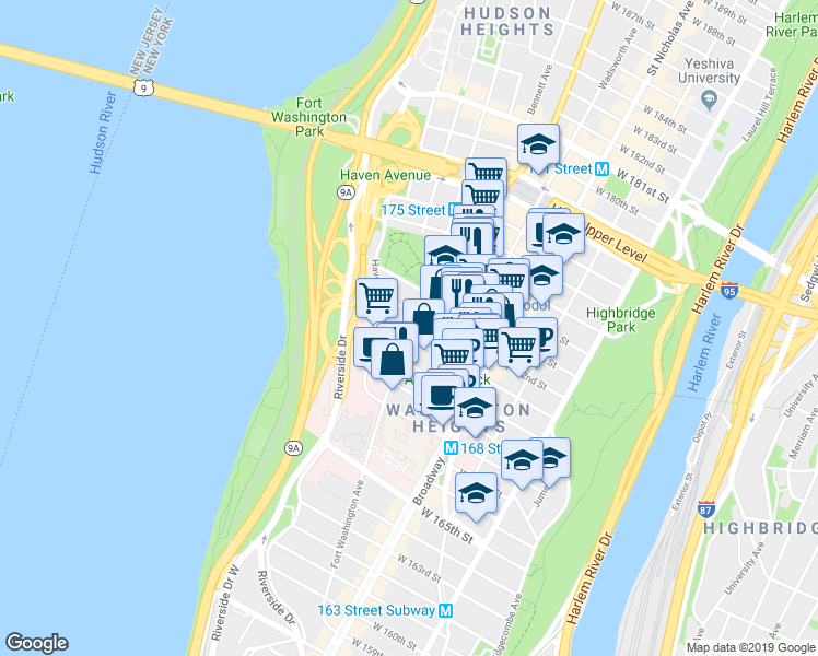 map of restaurants, bars, coffee shops, grocery stores, and more near 285 Fort Washington Avenue in New York