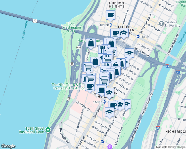 map of restaurants, bars, coffee shops, grocery stores, and more near 285 Fort Washington Avenue in New York