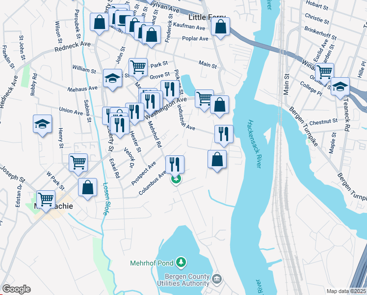map of restaurants, bars, coffee shops, grocery stores, and more near 75 Industrial Avenue in Little Ferry