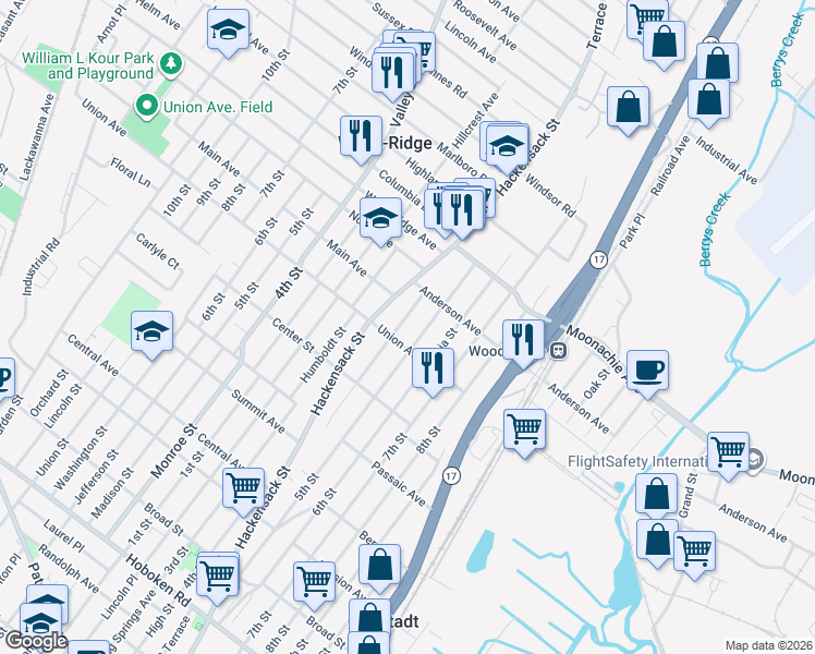 map of restaurants, bars, coffee shops, grocery stores, and more near 119 Hill Street in Wood-Ridge