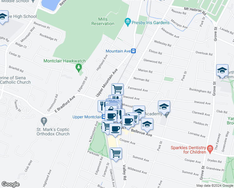 map of restaurants, bars, coffee shops, grocery stores, and more near 14 Jerome Place in Montclair