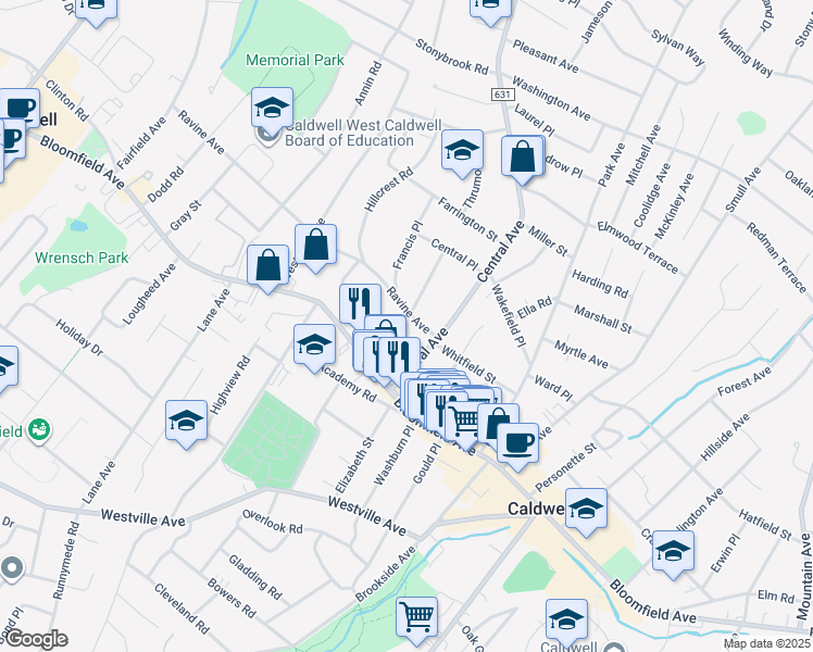 map of restaurants, bars, coffee shops, grocery stores, and more near 17 Ravine Avenue in Caldwell