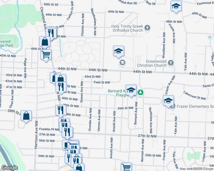 map of restaurants, bars, coffee shops, grocery stores, and more near 1233 Field Street Northwest in Canton