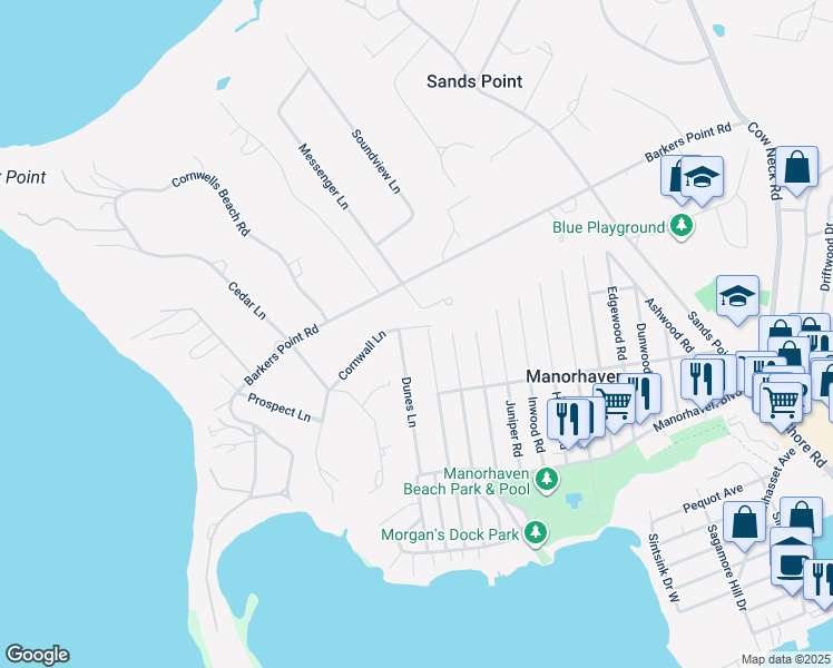 map of restaurants, bars, coffee shops, grocery stores, and more near 2 Cornwall Lane in Port Washington