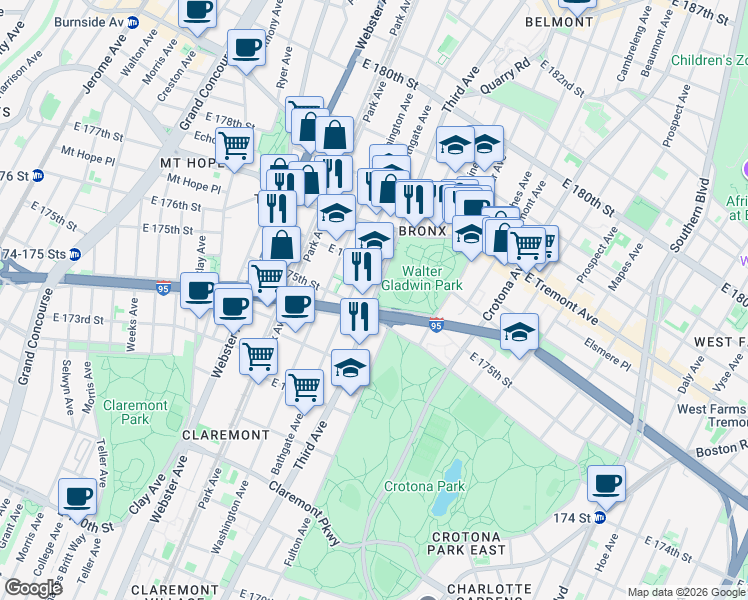 map of restaurants, bars, coffee shops, grocery stores, and more near Third Avenue in The Bronx