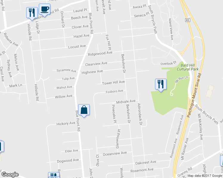 map of restaurants, bars, coffee shops, grocery stores, and more near 23 Foxboro Avenue in Farmingville