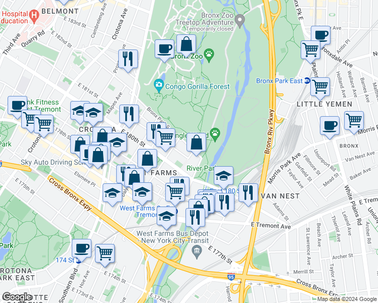 map of restaurants, bars, coffee shops, grocery stores, and more near 990 Bronx Park South in The Bronx