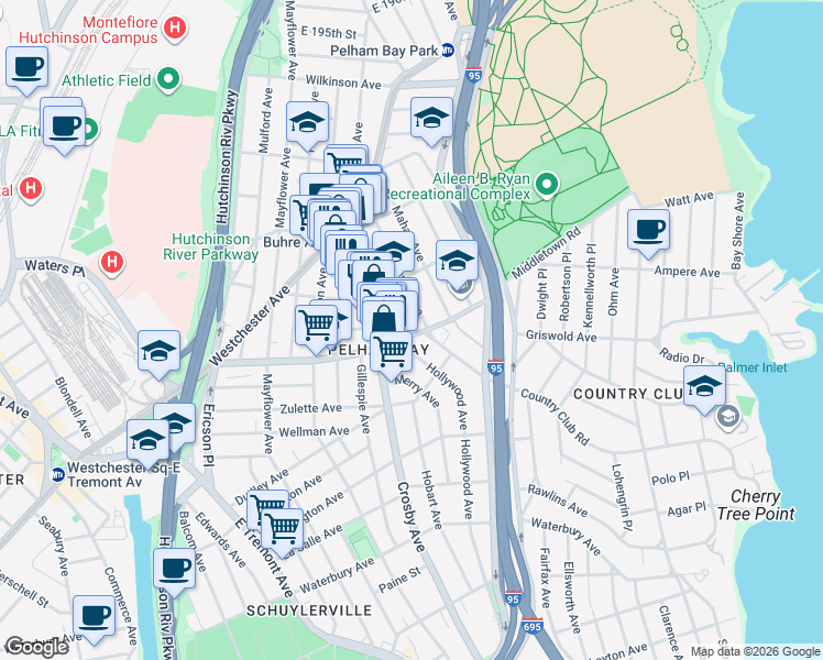 map of restaurants, bars, coffee shops, grocery stores, and more near 3035 Middletown Road in Bronx