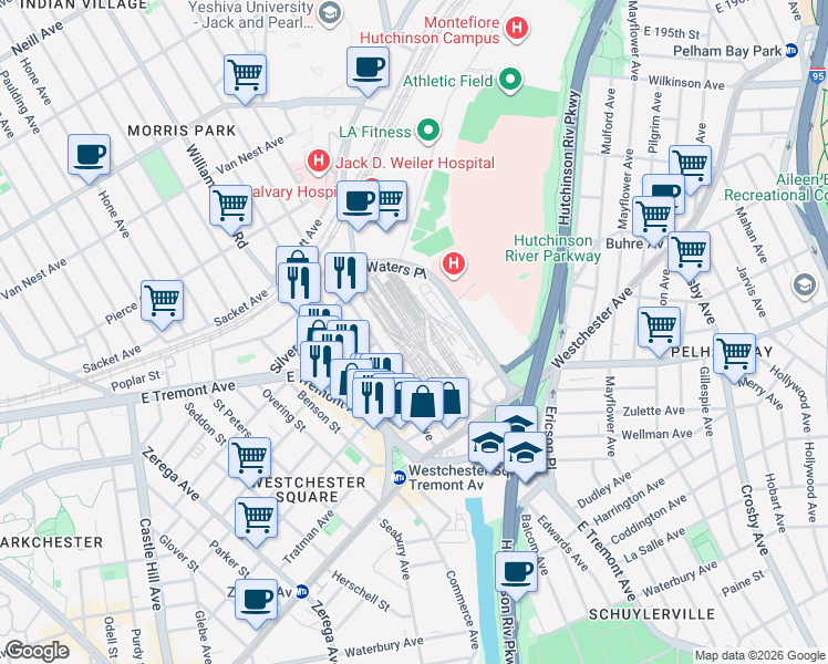 map of restaurants, bars, coffee shops, grocery stores, and more near 1425 Saint Raymond Avenue in The Bronx