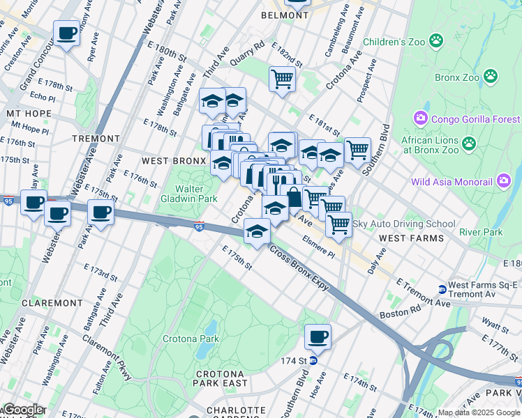 map of restaurants, bars, coffee shops, grocery stores, and more near in The Bronx