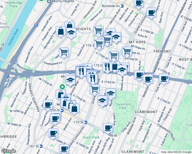 map of restaurants, bars, coffee shops, grocery stores, and more near 5670 East 174th Street in Bronx