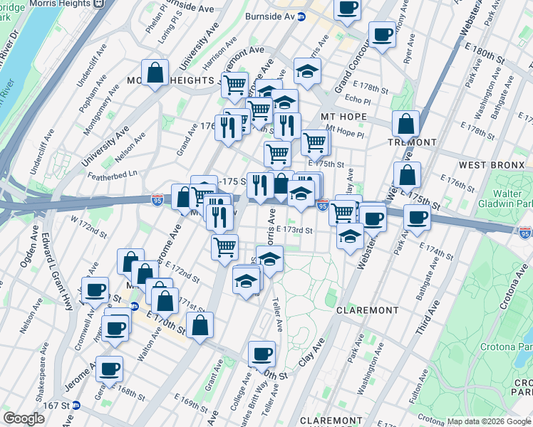 map of restaurants, bars, coffee shops, grocery stores, and more near 1711 Morris Avenue in Bronx
