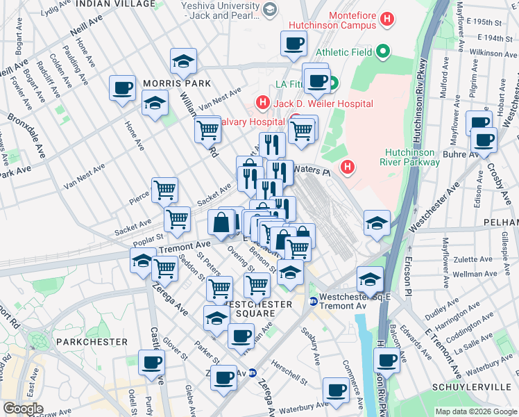 map of restaurants, bars, coffee shops, grocery stores, and more near Eastchester Road & Williamsbridge Road in Bronx