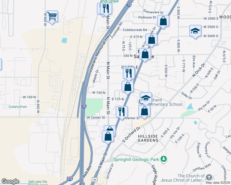 map of restaurants, bars, coffee shops, grocery stores, and more near 55 Old Station Way in North Salt Lake