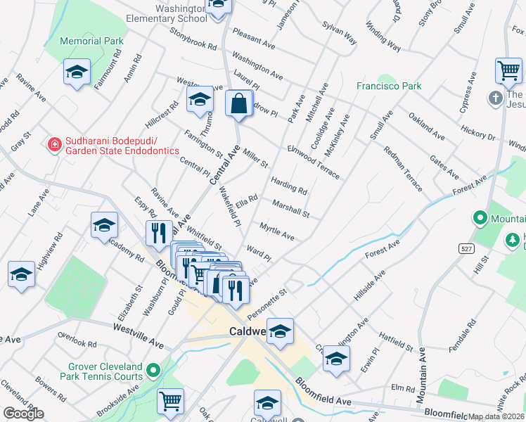 map of restaurants, bars, coffee shops, grocery stores, and more near 2 Marshall Street in West Caldwell
