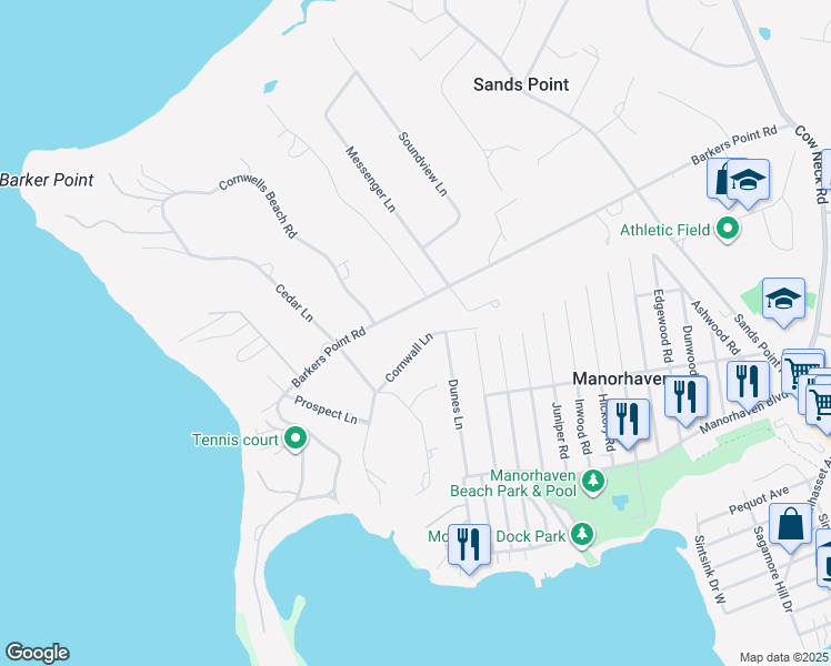 map of restaurants, bars, coffee shops, grocery stores, and more near 27 Cornwall Lane in Port Washington