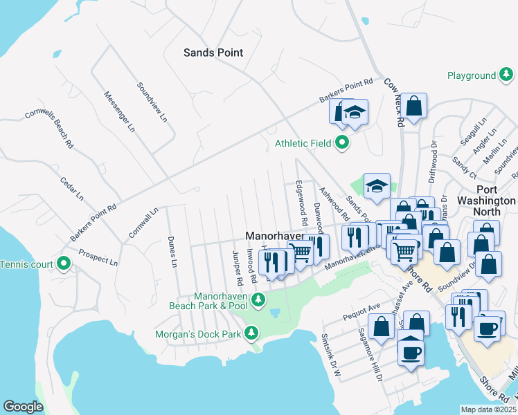 map of restaurants, bars, coffee shops, grocery stores, and more near 74 Hickory Road in Port Washington